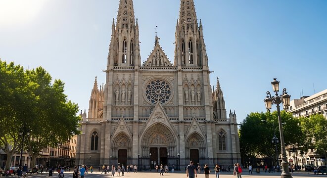 Ornate Gothic Cathedral Standing in Sunny Urban Plaza