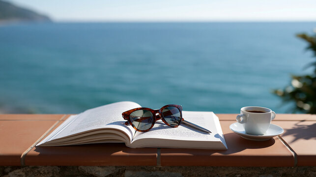 Open Novel and Sunglasses on Coastal Balcony with Cup of Coffee and Sea Horizon