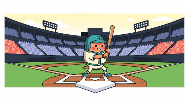 Dynamic cartoon baseball player at bat in vibrant stadium with cheering crowd, concept for sports enthusiasm, children's activity books, team merchandise, and summer camp promotions