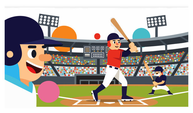 Dynamic cartoon baseball player in action at a vibrant stadium with cheering fans and colorful graphics, concept for sports app design, children's educational content, team merchandise, and animated