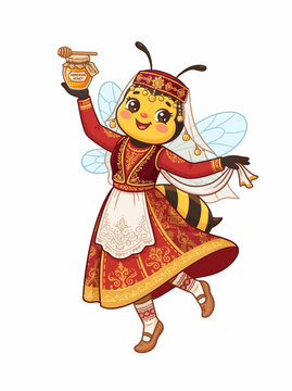 Kawaii Bee Dancing Armenian Folk Dance Holding Honey Jar Vector Graphic