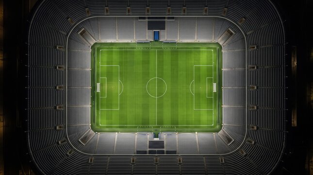 Aerial View of a Modern Football Stadium Field Lit Up at Night Ready for an Exciting Match