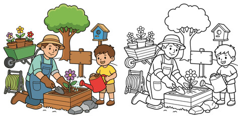 Fototapeta premium gardener caring for a community garden community helper lifestyle cartoon clipart and lineart print vector illustration for school student educational color coloring book