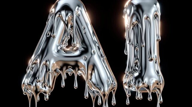 Bold letters are formed in a liquid metal style, showing dynamic textures. The scene is brightly lit, highlighting the shiny surface and the flowing liquid effect of the characters.