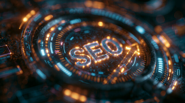 SEO analytics concept with magnifying glass highlighting search engine optimization metrics on digital dashboard, website performance analysis, keyword research, online marketing strategy and business