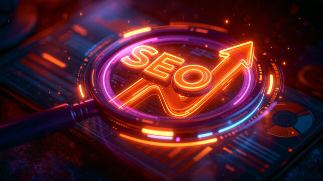 SEO analytics concept with magnifying glass highlighting search engine optimization metrics on digital dashboard, website performance analysis, keyword research, online marketing strategy and business