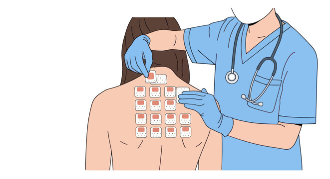 Doctor performing allergy patch test on patient back