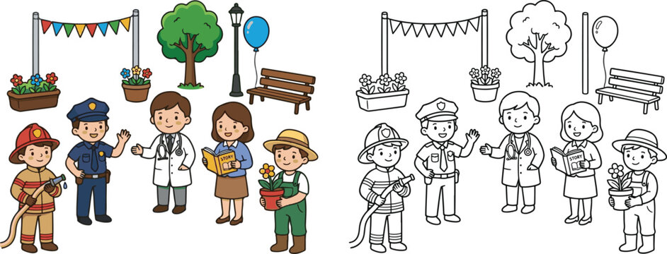 community helpers working together at a neighborhood festival community helper lifestyle cartoon clipart and lineart print vector illustration for school student educational color coloring book