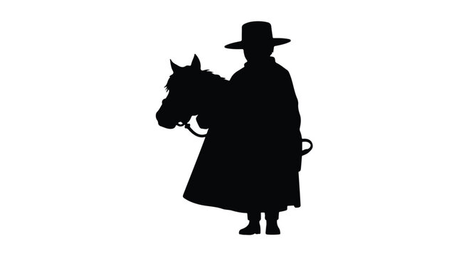 Horseman wearing a wide brimmed hat stands peacefully beside his faithful steed in a monochromatic silhouette graphic that offers plenty of clean white copy space for your custom brand messaging.