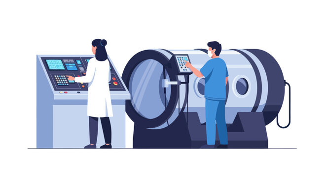 Medical staff operating hyperbaric oxygen therapy chamber.