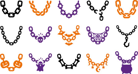 Fototapeta premium Collection of stylized halloween chains and necklaces featuring festive charms like ghosts skulls pumpkins and spider webs in orange black and purple colors for design.
