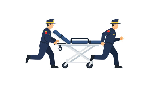 Paramedics running with an empty medical emergency stretcher.