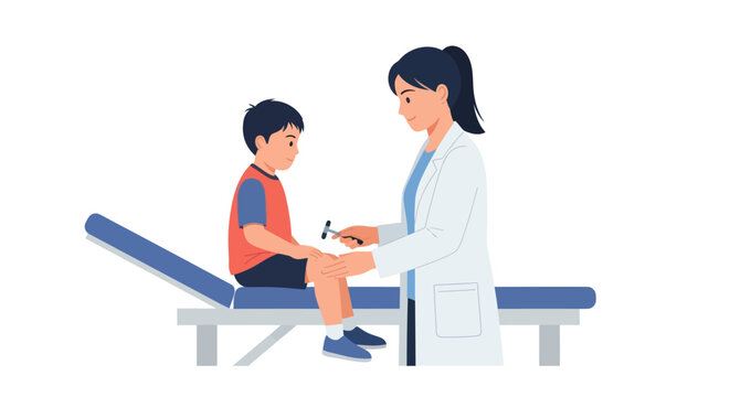 Pediatrician testing boy's knee reflexes with medical hammer.