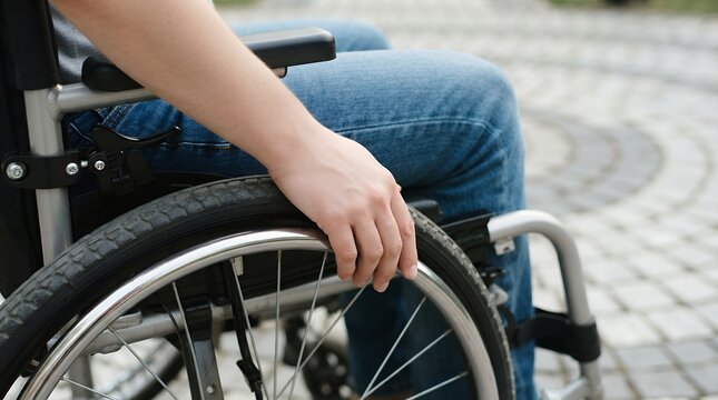 Disabled person in wheelchair outdoors, close-up of hand on wheel, physical rehabilitation and accessibility concept