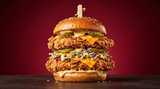 A large fried chicken sandwich sits on a table with a spotlight on it.