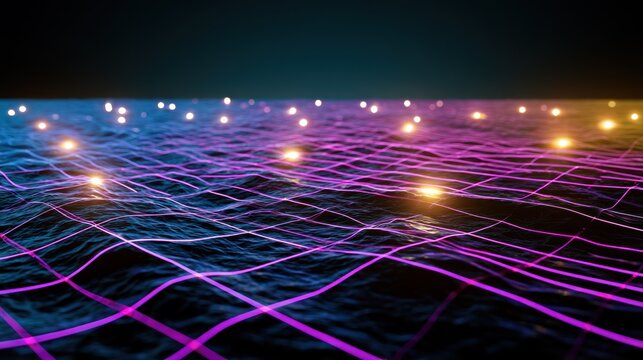 Purple neon grid surface with glowing orange light points