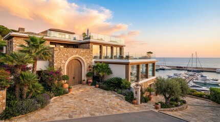 Obraz premium Marina view villa with arched wooden door at sunset