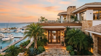 Fototapeta premium Waterfront villa entrance with marina and palm landscaping