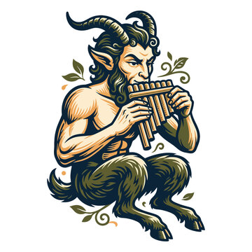 A mythical satyr playing panpipes in a stylized illustration