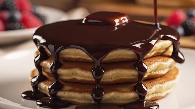 Delicious golden pancakes being generously drizzled with rich, melted chocolate syrup, creating a tempting and sweet breakfast treat