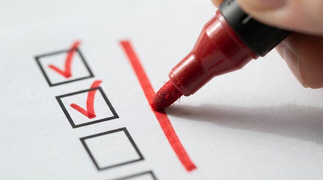 Red marker checking off boxes on checklist, hand marking survey form, business task completion and quality control concept