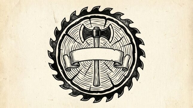 Vintage circular woodworking logo with axe and saw blade.