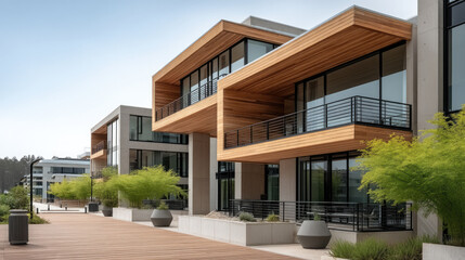 Fototapeta premium Modern apartment building with large wooden balconies, glass windows, metal railings, and landscaped walkway, urban residential architecture