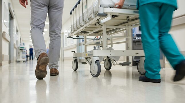 Blurred motion of hospital staff pushing empty gurney, medical workers walking down bright clinic corridor, healthcare emergency concept