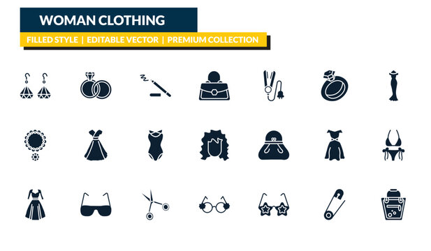 filled woman clothing icons set - dangling earrings, engagement ring, female long black dress, female handbag. editable vector for web and mobile ui