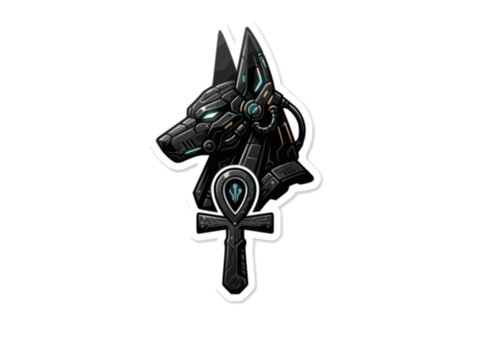 Techwear Anubis Egyptian God Silhouette Sticker. Futuristic Cyberpunk Ankh Tactical Mask Icon Isolated.
