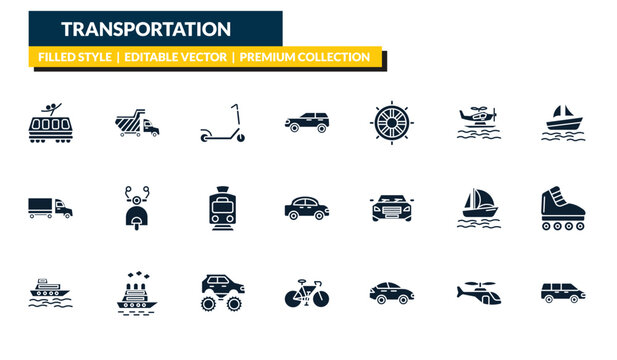 filled transportation icons set - light rail, haul, pt boat, people carrier. editable vector for web and mobile ui