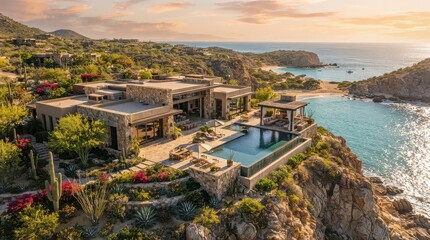 Naklejka premium Cliffside modern villa with infinity pool above rocky ocean cove