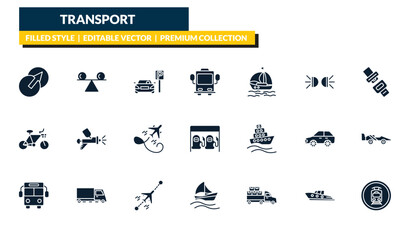 Obraz premium filled transport icons set - transition, stability, seatbelt, tram stop label. editable vector for web and mobile ui