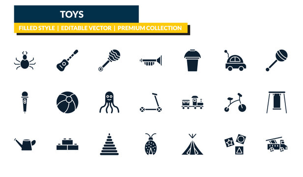 filled toys icons set - spider toy, guitar toy, toy fire truck editable vector for web and mobile ui