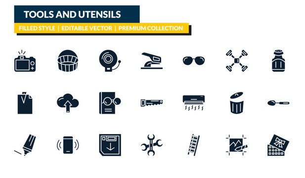 filled tools and utensils icons set - camera with flash, empty shopping basket, pepper container, chote box. editable vector for web and mobile ui