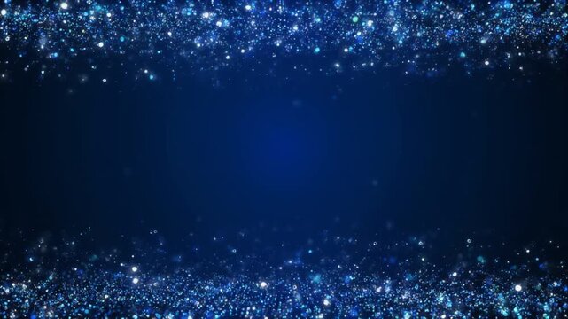 背景動画いっぱいに紺色の粒子がちらちらと瞬きながら上下の縁から静かに舞い上がり画面中央には手を加えていない広い余白を残したまま漂い続ける幻想的な光の粒子が織りなす固定構図の一場面である