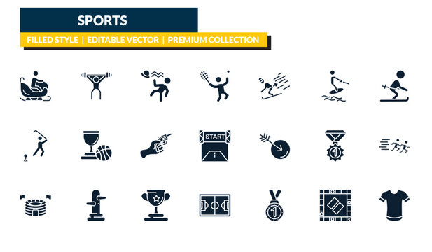 filled sports icons set - person riding on sleigh, man lifting weight, skier skiing, short sleeves. editable vector for web and mobile ui