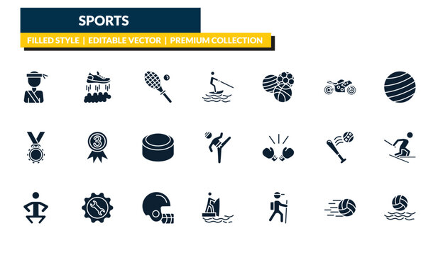 filled sports icons set - pencak silat, flying shoes, gym ball, waterpolo. editable vector for web and mobile ui