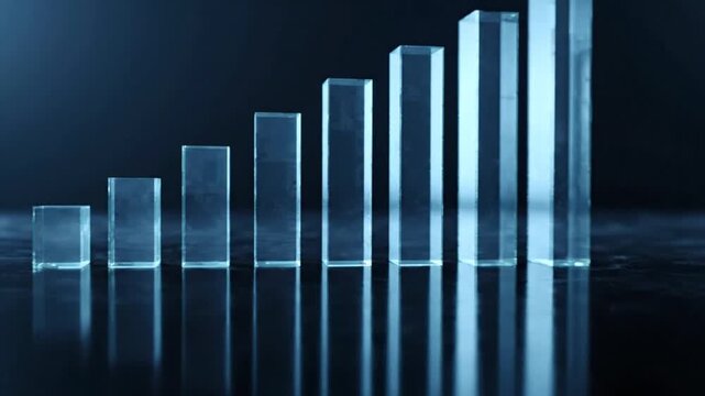 Minimal glass financial bar chart slowly growing upward on a reflective black floor. Soft blue lighting with subtle glow, no numbers or text. Cinematic low-angle camera movement, realistic reflections