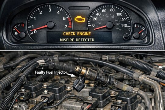 Close-up of a car dashboard showing a check engine light, useful for automotive or mechanic-themed images