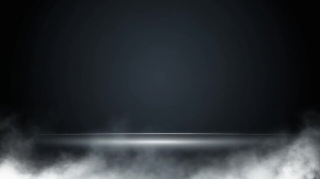 背景動画の黒い舞台の足元から銀色の霧がもやもやと立ち込めながら奥へ向かってゆっくりと静かに広がり続ける重厚感と高級感を兼ね備えた落ち着いた固定構図が続く一場面である