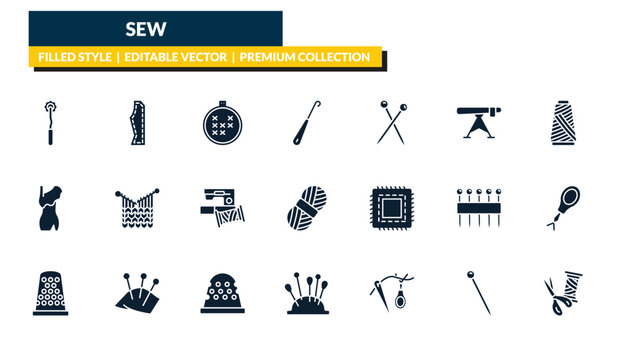 filled sew icons set - overstitch, sew pattern, spool of thread, sewing equipment. editable vector for web and mobile ui