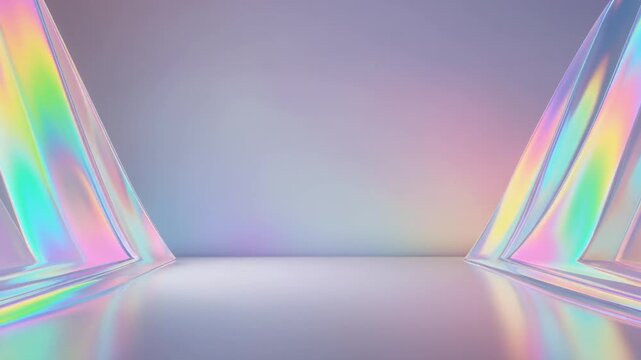 背景動画の両端に広がる虹色に輝くホログラム生地がつるつるとした滑らかな光沢を保ちながら大きく波打ち続け中央には静かな余白をそのまま残し続けるプレミアムな固定構図の一場面である