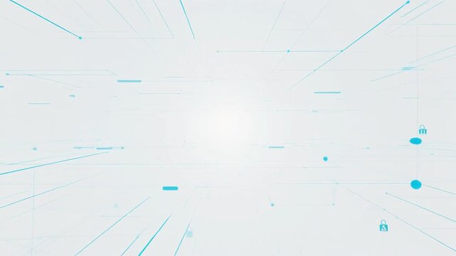 背景動画の白く光るデジタルトンネルの中を青緑の回路線がすらすらと交差しながら伸び続け小さな鍵のアイコンが点々と浮かび続けるセキュリティを思わせる固定構図の一場面である