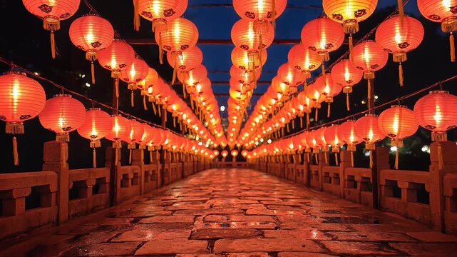 Illuminated red lanterns along a stone bridge at night