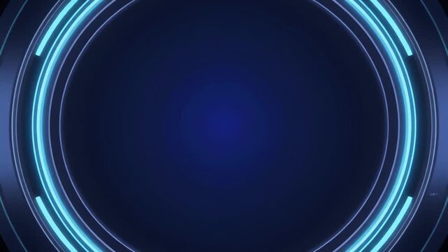 背景動画の紺色の空間いっぱいに水色のネオンリングがぐるぐると回転しながら中央に残された静かな余白を縁取り続けるライブ配信の待機画面を思わせる固定構図が続く一場面である