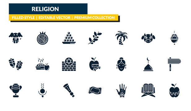 filled religion icons set - elephant, half pomegranate, jewish incense, and honey. editable vector for web and mobile ui