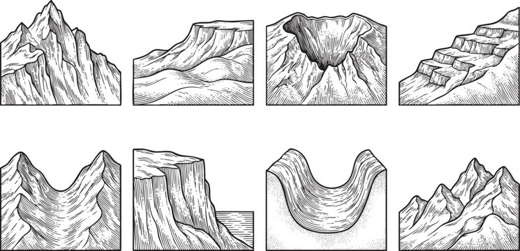 Mountain Landforms and Geological Elevation Shapes Engraving Vector Set
