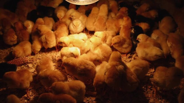 Newborn Baby Chicks Together Under Heat Lamp at Poultry Farming