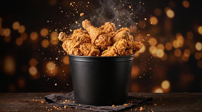 A steaming hot bucket of fried chicken with crispy fries on a wooden table indoors.